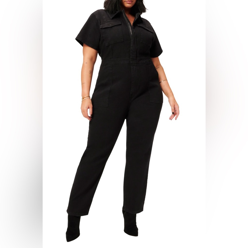 Good American Women's Fit For Success Black Stretchy Denim Jumpsuit Size 2X NWT